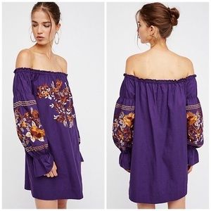 Free People fleur du jour purple embroidered dress off shoulder size Med